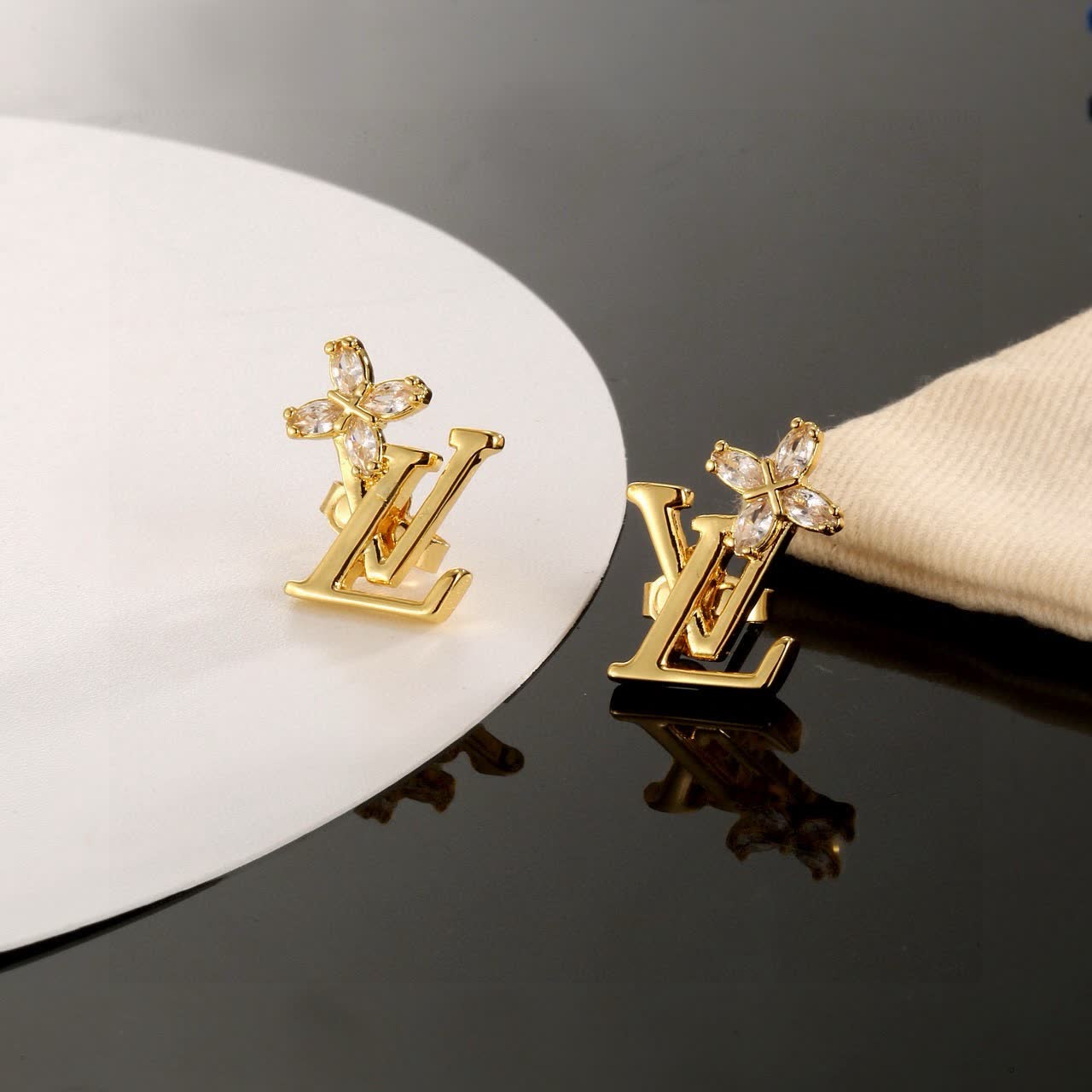 Louis Vuitton Gold Tone Crystal Flower Earrings